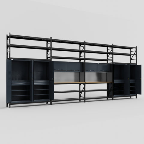 M2222 Modular Work Bench with Shelves - H3100mm x W7500mm | MDF WBT | Dark Grey