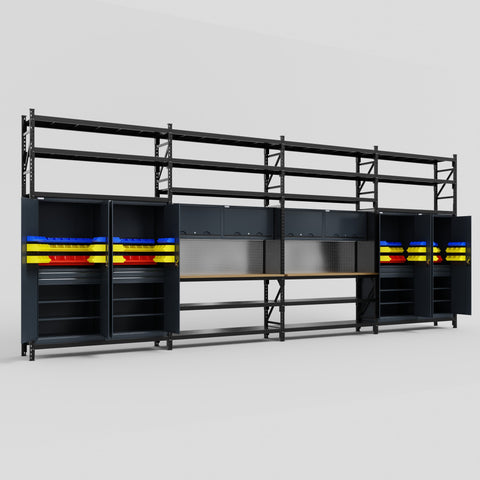 M2222 Modular Work Bench with Shelves - H3100mm x W7500mm | MDF WBT | Dark Grey