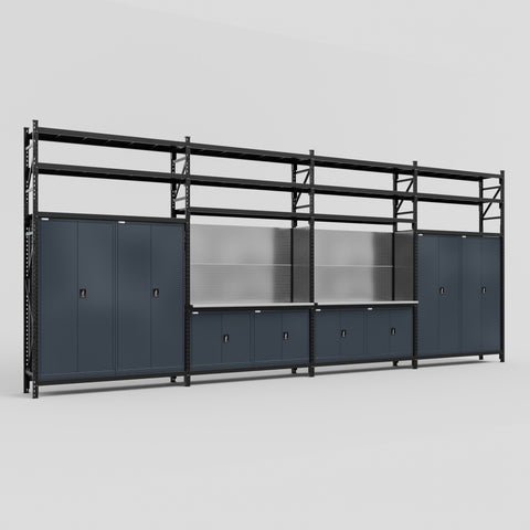 M2222 Modular Work Bench with Shelves - H3100mm x W7500mm | Stainless WBT | Dark Grey