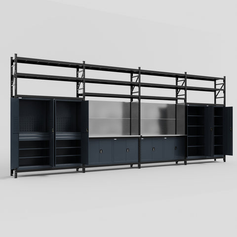 M2222 Modular Work Bench with Shelves - H3100mm x W7500mm | Stainless WBT | Dark Grey