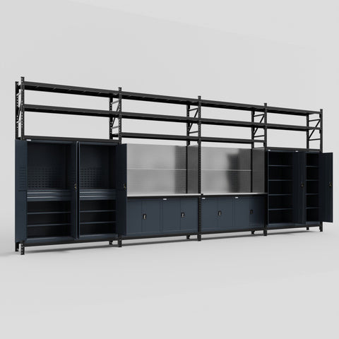 M2222 Modular Work Bench with Shelves - H3100mm x W7500mm | Stainless WBT | Dark Grey