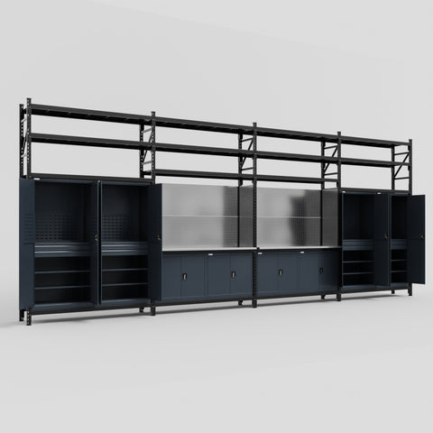 M2222 Modular Work Bench with Shelves - H3100mm x W7500mm | Stainless WBT | Dark Grey
