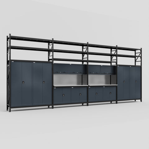 M2222 Modular Work Bench with Shelves - H3100mm x W7500mm | Stainless WBT | Dark Grey