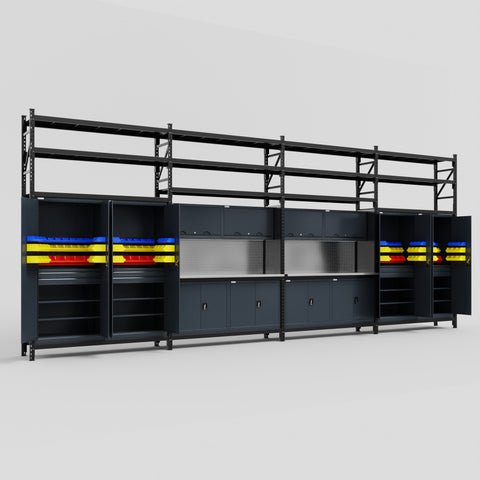 M2222 Modular Work Bench with Shelves - H3100mm x W7500mm | Stainless WBT | Dark Grey