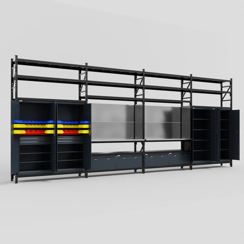 M2222 Modular Work Bench with Shelves - H3100mm x W7500mm | Stainless WBT | Dark Grey