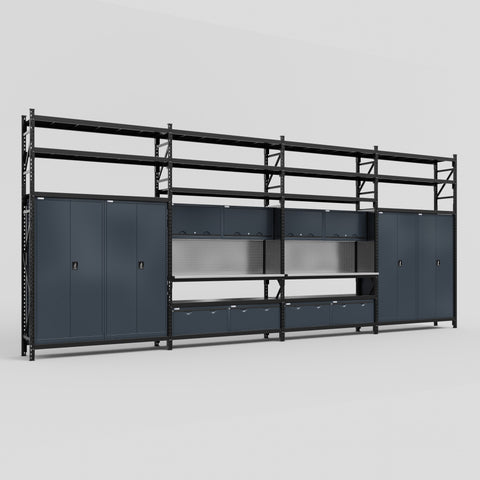 M2222 Modular Work Bench with Shelves - H3100mm x W7500mm | Stainless WBT | Dark Grey