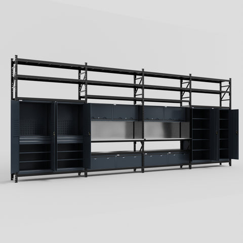 M2222 Modular Work Bench with Shelves - H3100mm x W7500mm | Stainless WBT | Dark Grey