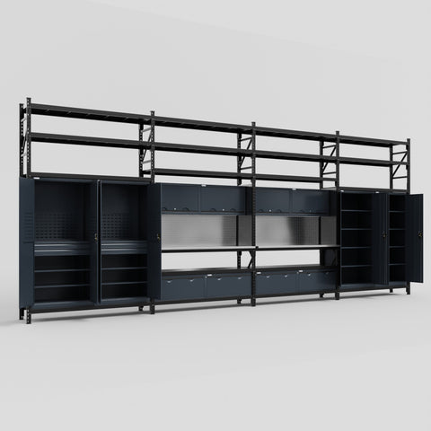 M2222 Modular Work Bench with Shelves - H3100mm x W7500mm | Stainless WBT | Dark Grey