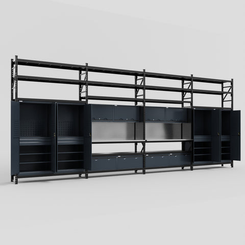 M2222 Modular Work Bench with Shelves - H3100mm x W7500mm | Stainless WBT | Dark Grey