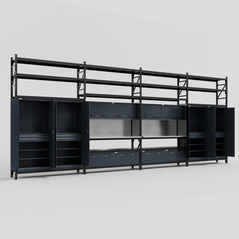 M2222 Modular Work Bench with Shelves - H3100mm x W7500mm | Stainless WBT | Dark Grey