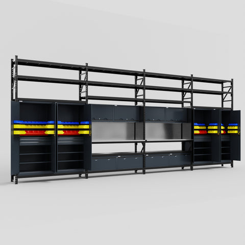 M2222 Modular Work Bench with Shelves - H3100mm x W7500mm | Stainless WBT | Dark Grey