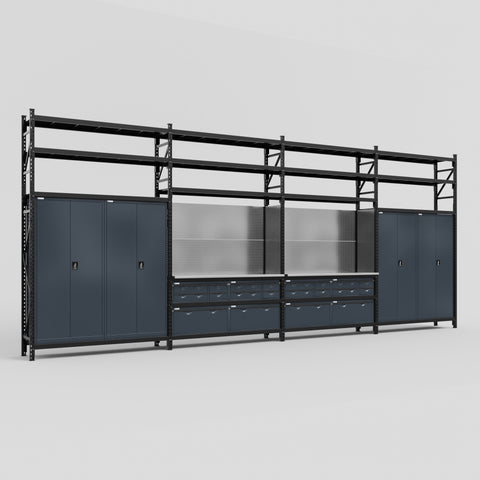 M2222 Modular Work Bench with Shelves - H3100mm x W7500mm | Stainless WBT | Dark Grey
