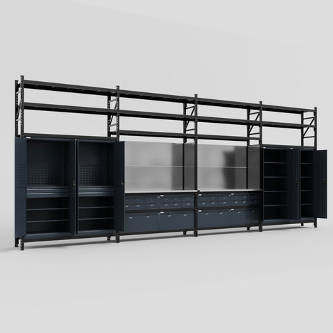 M2222 Modular Work Bench with Shelves - H3100mm x W7500mm | Stainless WBT | Dark Grey