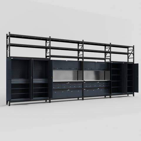 M2222 Modular Work Bench with Shelves - H3100mm x W7500mm | Stainless WBT | Dark Grey