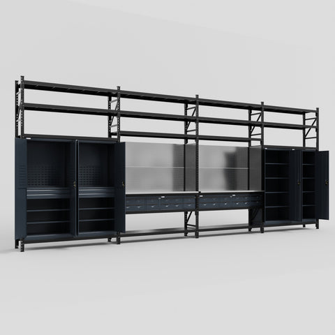 M2222 Modular Work Bench with Shelves - H3100mm x W7500mm | Stainless WBT | Dark Grey