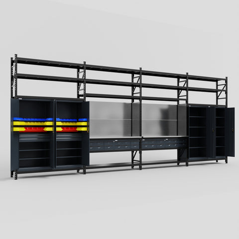 M2222 Modular Work Bench with Shelves - H3100mm x W7500mm | Stainless WBT | Dark Grey