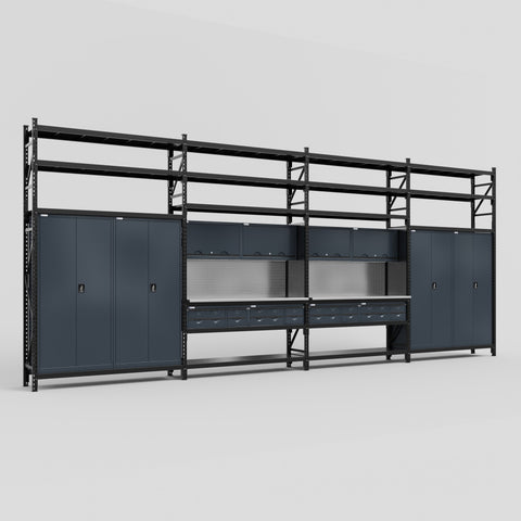 M2222 Modular Work Bench with Shelves - H3100mm x W7500mm | Stainless WBT | Dark Grey