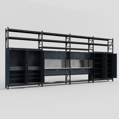 M2222 Modular Work Bench with Shelves - H3100mm x W7500mm | Stainless WBT | Dark Grey