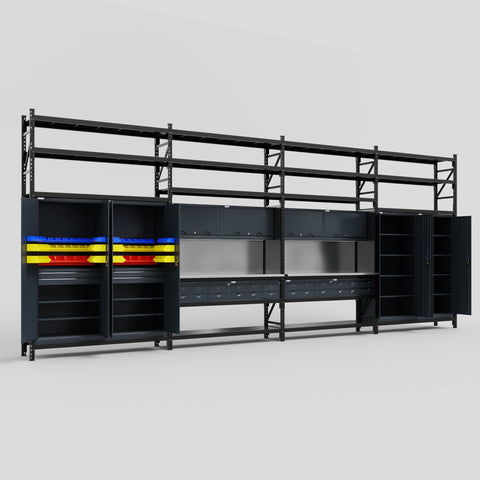 M2222 Modular Work Bench with Shelves - H3100mm x W7500mm | Stainless WBT | Dark Grey