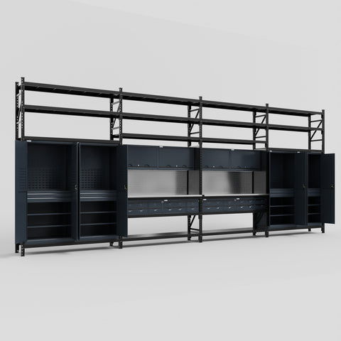 M2222 Modular Work Bench with Shelves - H3100mm x W7500mm | Stainless WBT | Dark Grey