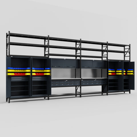 M2222 Modular Work Bench with Shelves - H3100mm x W7500mm | Stainless WBT | Dark Grey