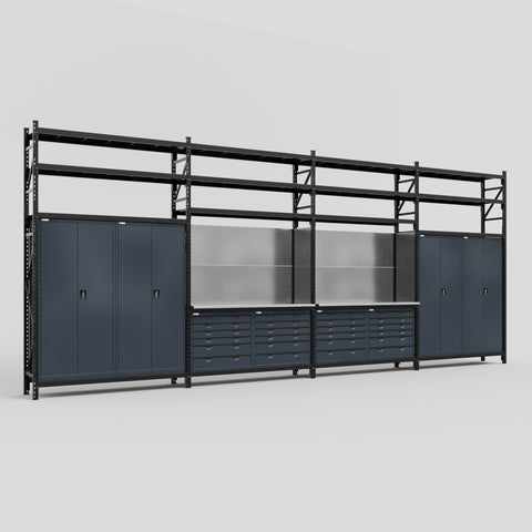 M2222 Modular Work Bench with Shelves - H3100mm x W7500mm | Stainless WBT | Dark Grey