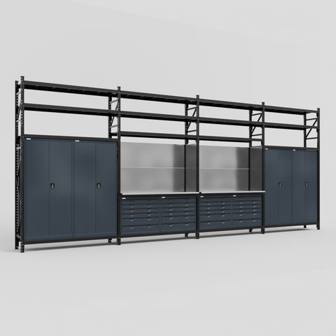 M2222 Modular Work Bench with Shelves - H3100mm x W7500mm | Stainless WBT | Dark Grey
