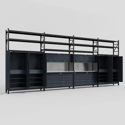 M2222 Modular Work Bench with Shelves - H3100mm x W7500mm | Stainless WBT | Dark Grey