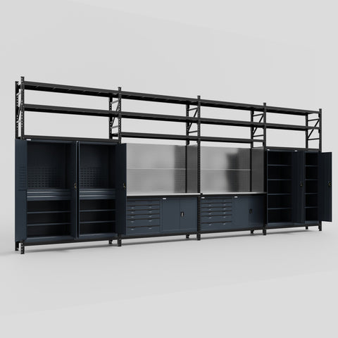 M2222-3S Modular Work Bench with Shelves - H3100mm x W7500mm | Stainless WBT | Dark Grey