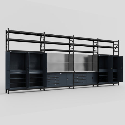 M2222-3S Modular Work Bench with Shelves - H3100mm x W7500mm | Stainless WBT | Dark Grey