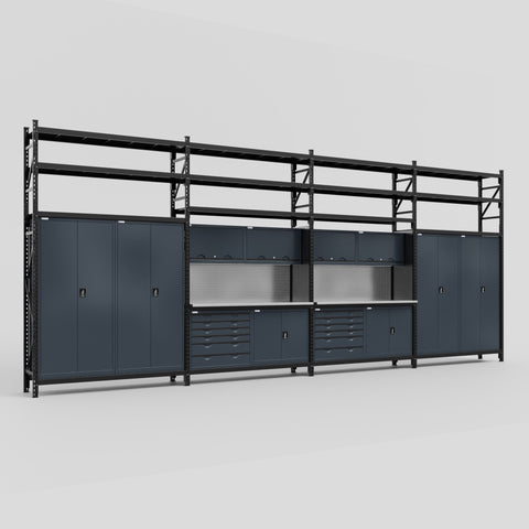 M2222-3S Modular Work Bench with Shelves - H3100mm x W7500mm | Stainless WBT | Dark Grey