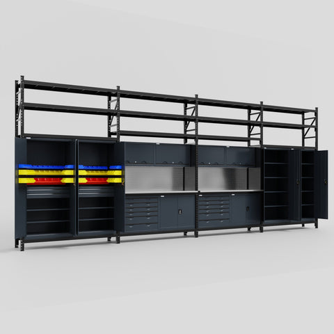 M2222-3S Modular Work Bench with Shelves - H3100mm x W7500mm | Stainless WBT | Dark Grey