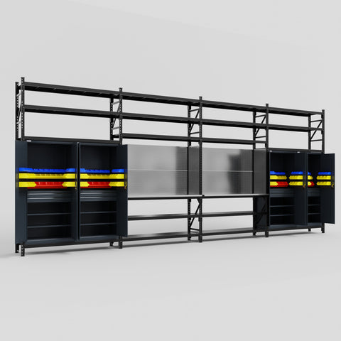 M2222 Modular Work Bench with Shelves - H3100mm x W7500mm | Stainless WBT | Dark Grey