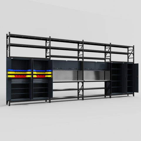 M2222 Modular Work Bench with Shelves - H3100mm x W7500mm | Stainless WBT | Dark Grey