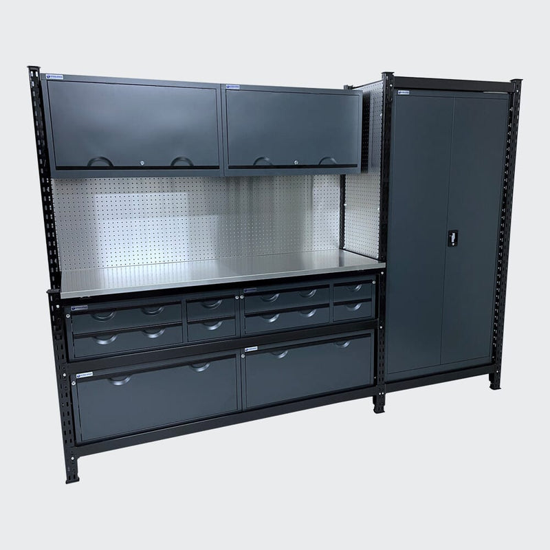 Brand Dark Grey / Timber (MDF, 25mm) / Standard Module 10 with Overhead Cabinets - Fully Loaded Aluminium