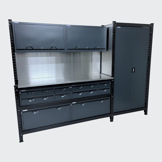 Steelspan Storage Systems Dark Grey / Timber (MDF, 25mm) / Standard Module 10 with Overhead Cabinets - Fully Loaded Stainless Steel
